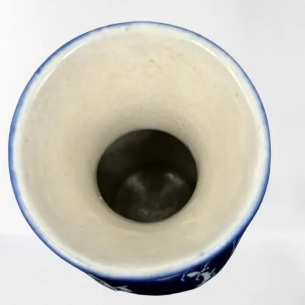 Vintage Chinese Porcelain Cobalt Blue Incised Cherry Blossom Bluebird Vase 8" - Picture 7 of 8